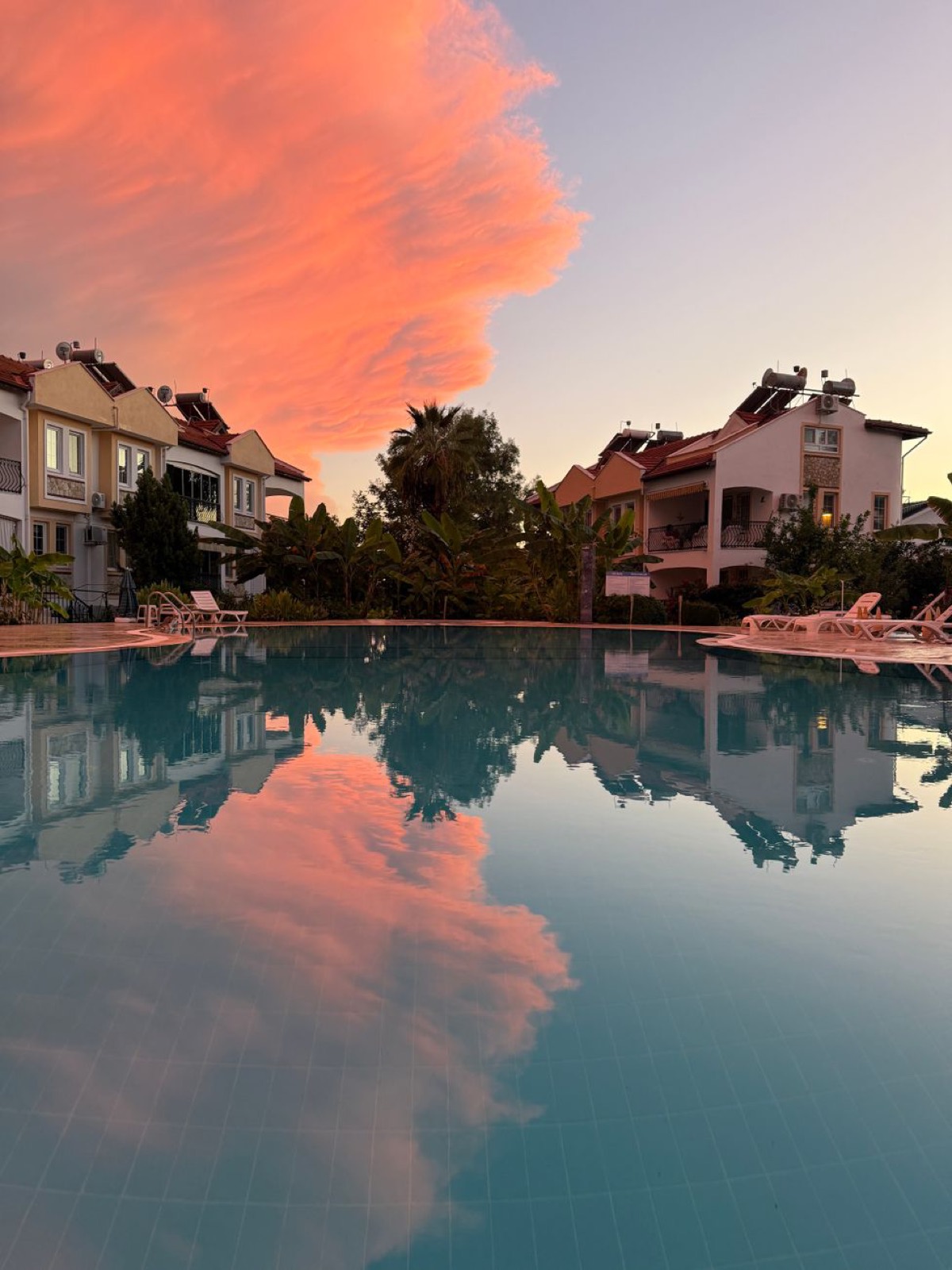 Houses around a pool at sunset