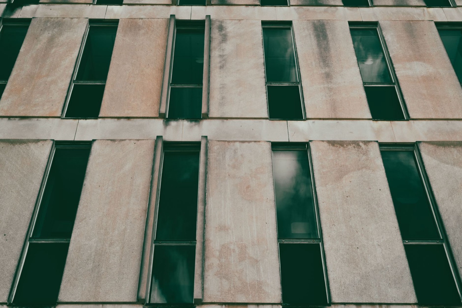 A concrete façade with deep green window recesses
