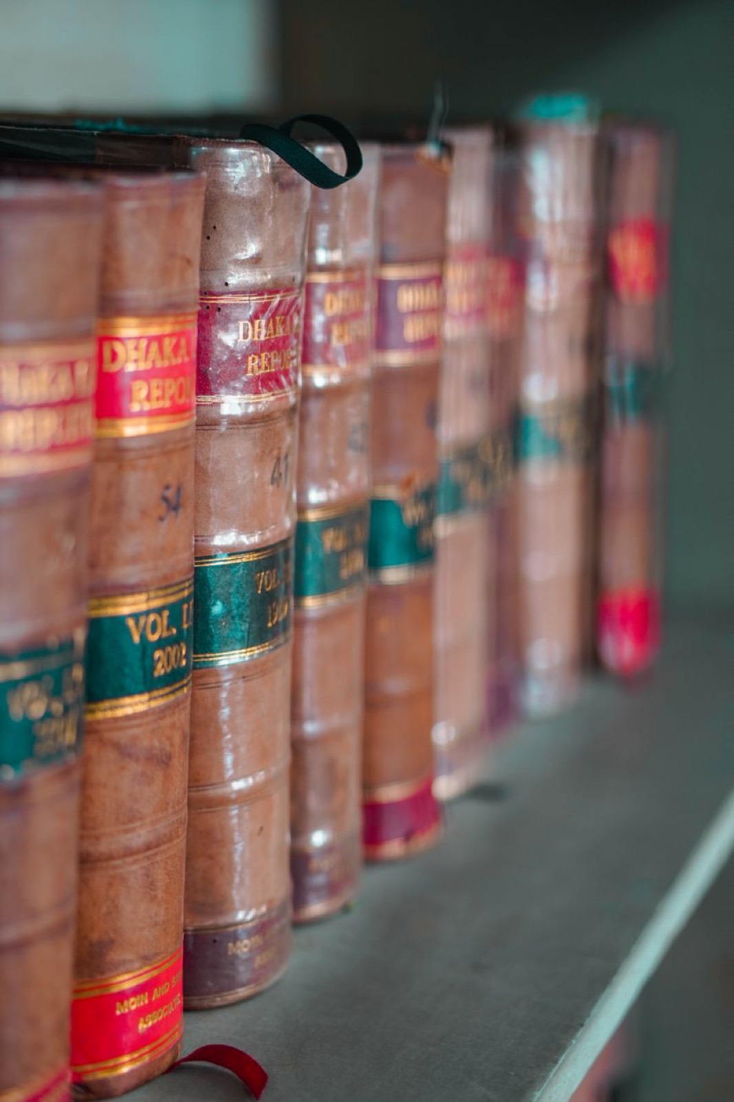 A row of red-and-gold law reports on a shelf