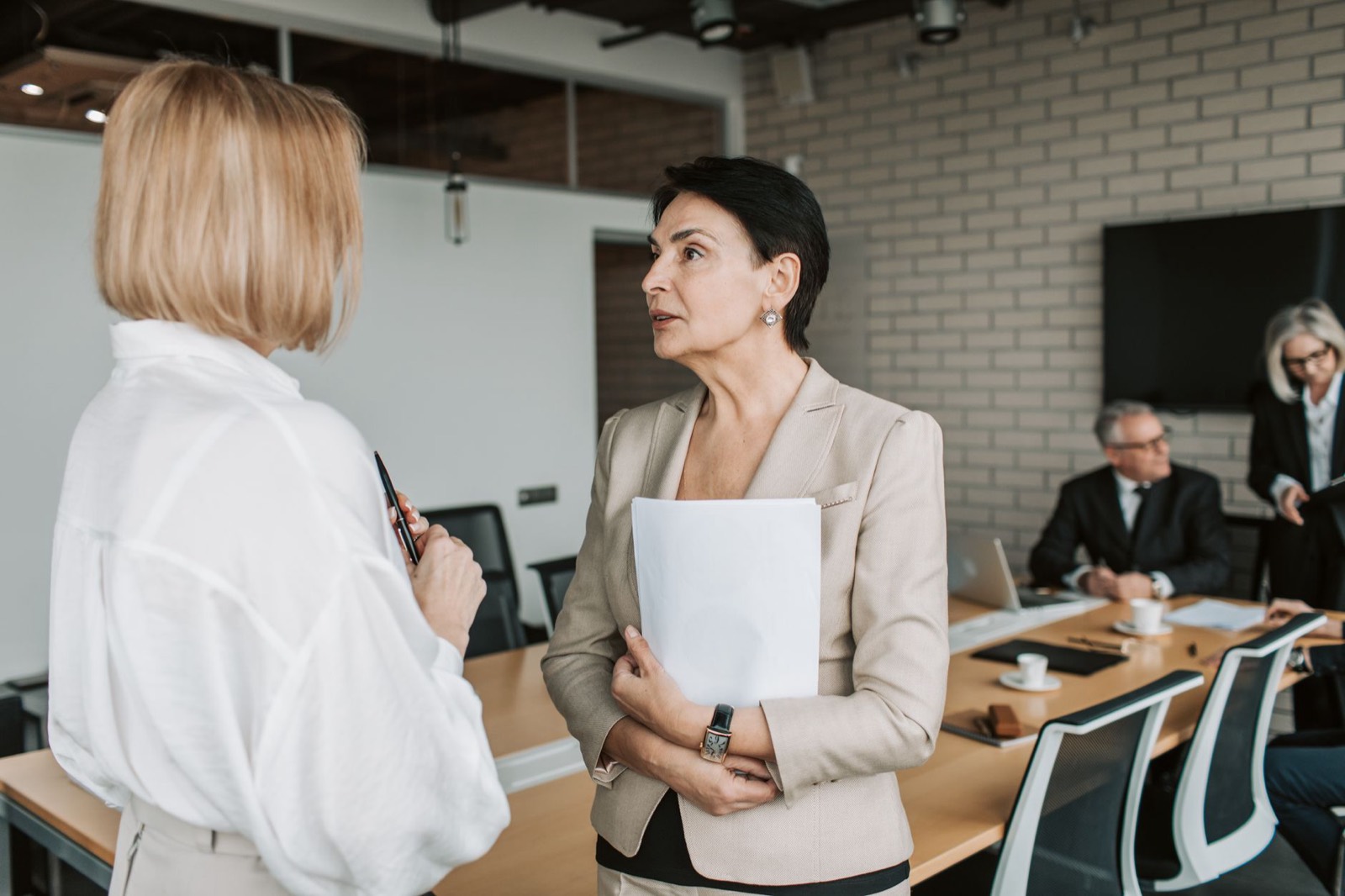 Two colleagues in conversation across a conference table