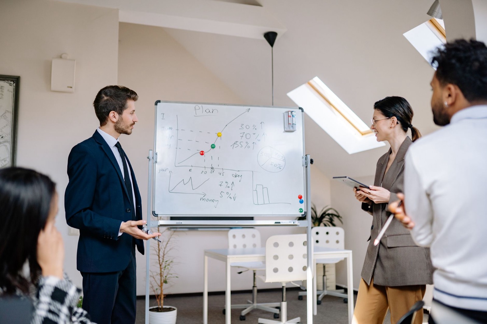 A whiteboard session, one person drawing a flow