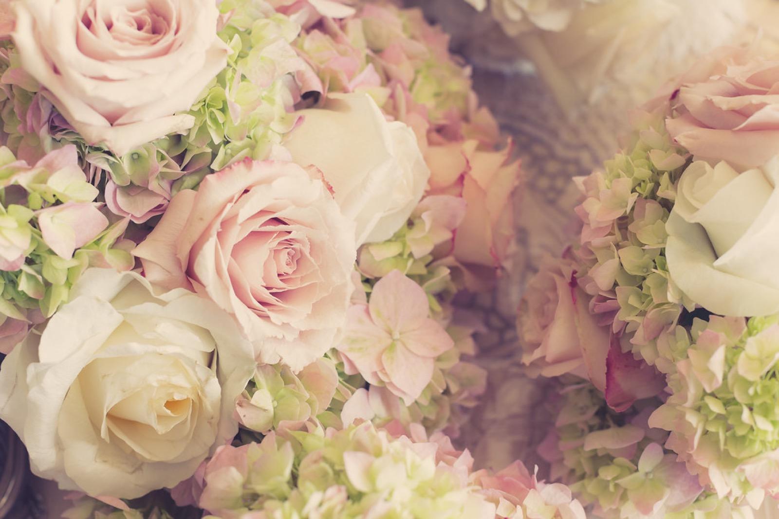 Pale pink roses and hydrangea in a wedding bouquet