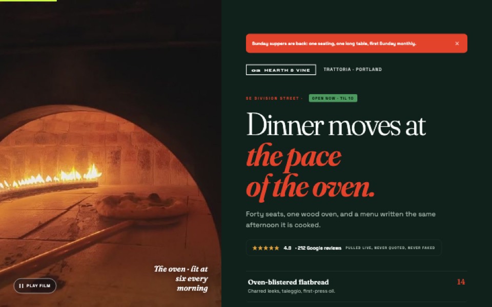 The Design Book: a trattoria's site, a wood oven film beside the menu