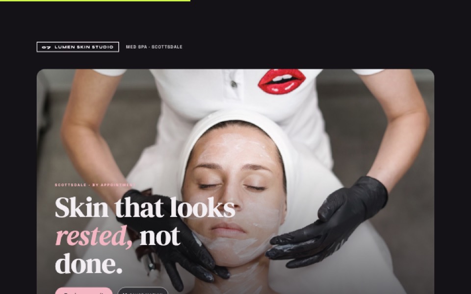 The Design Book: a med spa's site, glass drifting over a facial photograph