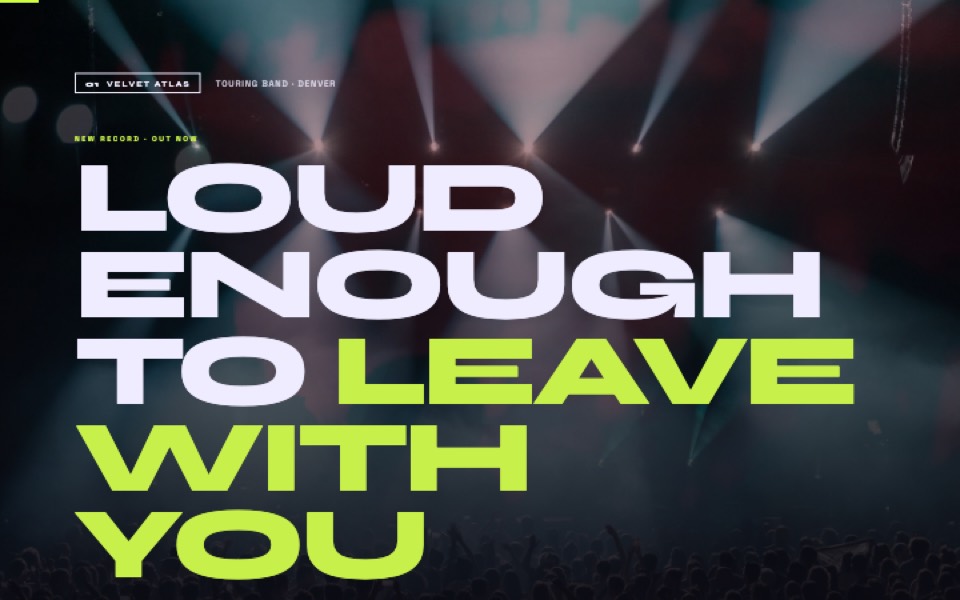 The Design Book: a touring band's site, acid green type over a concert crowd